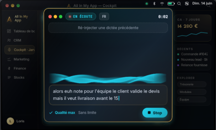 Vokali — cockpit AllInMyApp + capture en direct (identique au grand MacBook)